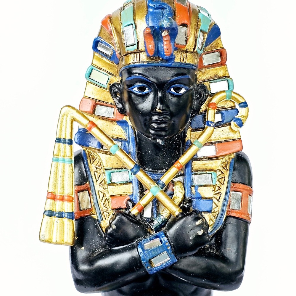 Vintage Egyptian King Tut Pharaoh Seated Statue Hieroglyphics Mosaic Decor 11.5" - Picture 6 of 9